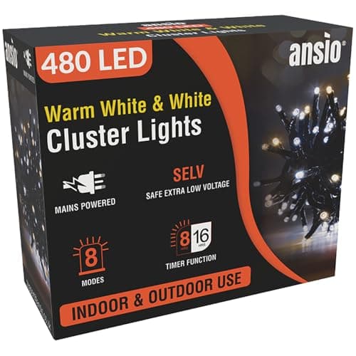 Image of ANSIO® Christmas Lights 480 LED 6m/20ft Cluster Christmas Tree Lights for Indoor & Outdoor Warm White & Cool White Decorations Fairy Lights with Timer for Xmas Garden & Party | Mains Powered