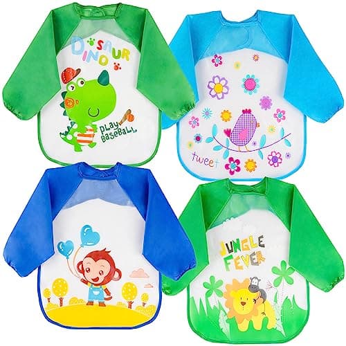 Image of Vicloon Bibs with Sleeves, 4 Pcs Baby Waterproof Weaning Toddler Bib, Long Sleeve Bib Unisex Feeding Bibs Apron for Infant Toddler 6 Months to 3 Years Old