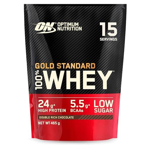 Image of Optimum Nutrition Gold Standard 100% Whey Muscle Building and Recovery Protein Powder With Naturally Occurring Glutamine and BCAA Amino Acids, Double Rich Chocolate Flavour, 15 Servings, 465 g