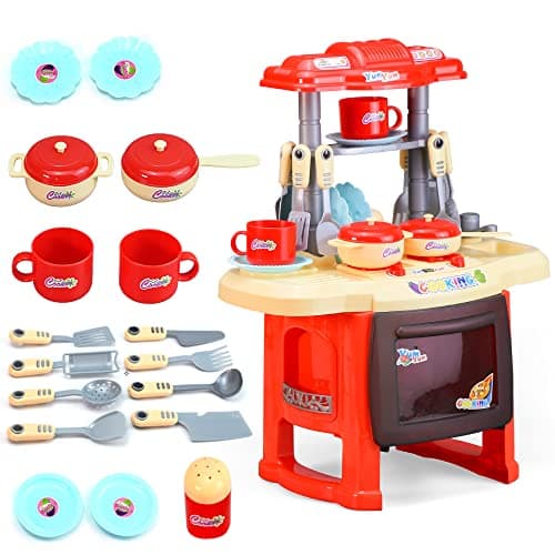 Image of EVERGD Kitchen Playset Role Playing Game Small Kitchen Toy Play Set with Light and Sound 24 Accessories Included Best Gift for Boys Girls (Red)
