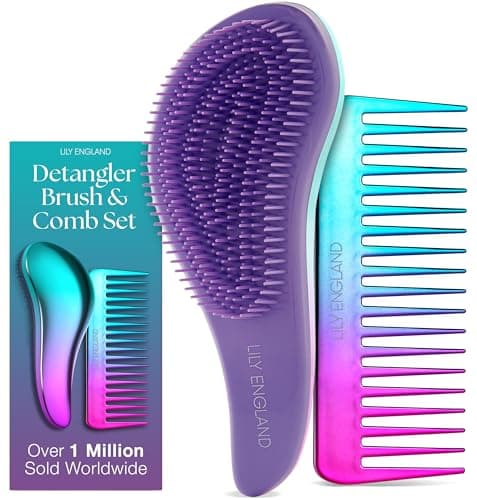 Image of Detangle Hair Brush and Wide Tooth Comb Set Easy to Hold Detangler Hairbrush and Detangling Comb for Women and Kids for Wet or Dry, Fine, Curly, Thick, Afro Hair by Lily England (Ombre)