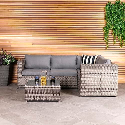 Image of CHARLES BENTLEY Outdoor, Garden, Patio, Modern Rattan Corner Sofa & Coffee Table, Furniture, Grey, Showerproof, Tempered Glass Tabletop, L-shaped Sofa, Back & Seat Cushions, Weatherproof (146x73x64cm)