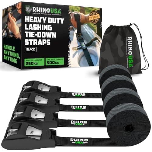 Image of Rhino USA Tie Down Lashing Straps (4PK) - 500 kg Guaranteed Max Break Strength - Includes (4) Heavy Duty 2.5 cm x 3.6 m Pull Cam Buckle Straps - Best for Securing Cargo, Kayak, Cooler, Roof Rack, Etc