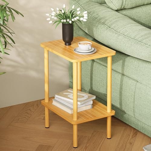 Image of APICIZON 2 Tier Side Table, Narrow End Table with Storage Shelf, Bedside Table Nightstand for Small Spaces, Bedroom, Living Room, Entryway, Farmhouse, No-Tool Assembly, Natural