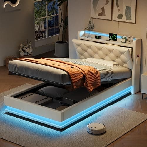 Image of Httcg 3ft Upholstered Single Bed Frame Ottoman Bed with LED Light and USB Type C, Single Beds Storage Beds with Hydraulic Storage and Button Tufted Headboard, 90x190 cm, Beige, Linen, No Mattress