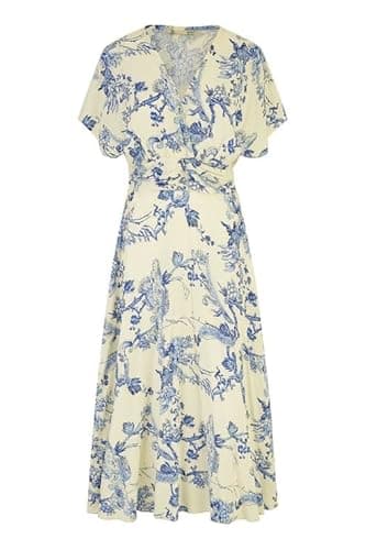 Image of Yumi Floral Print Wrap Midi Dress, Blue and White, Kimono Sleeves, 100% Viscose (UK, Numeric, 10, Regular, Regular, White)
