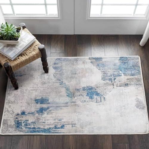 Image of Fenisonavy Rugs Living Room Grey Area Rugs for Bedroom Modern Abstract Rug Large Short Pile Rugs Carpet Non-Slip Soft Living Room Rugs Room Decor (Lake Blue/Grey/Beige, 60 x 110 cm)