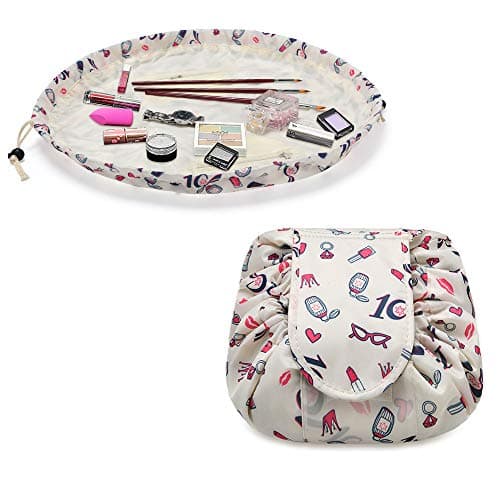 Image of URAQT Makeup Bags for Women, Lazy Drawstring Cosmetic Bags, Large Capacity Flat Toiletry Bags, Waterproof Portable Travel Makeup Organiser