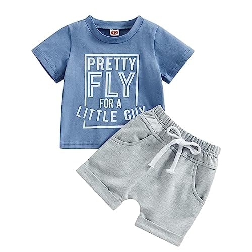 Image of Xumplo Toddler Baby Boy Summer Clothes Infant Boys Short Sets Letter Print T-shirt Short Sleeve Outfits Crew Neck Tops Shorts with Pocket 12-18 Months