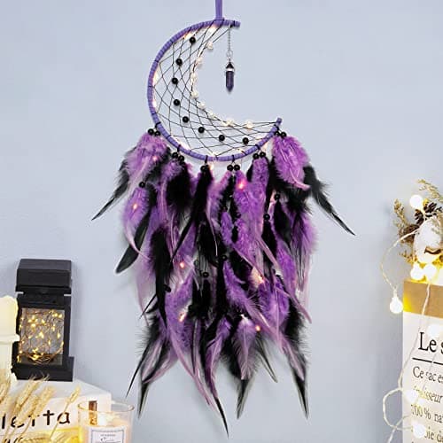Image of Dremisland Moon Dream Catcher with Fairy Lights Indian Dreamcatcher Kids Bedroom Accessories Purple Black Feather Lucky Turquoise Pendant Wall Hanging Decoration for Home Bedroom