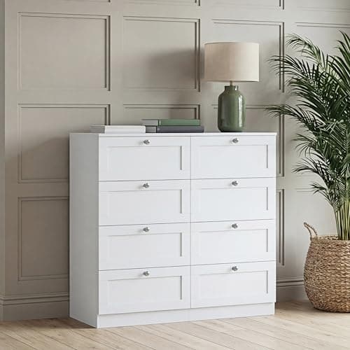 Image of Vida Designs Altino 8 Drawer Chest of Drawers | White | H 99 x W 100 x D 36 cm | Wide Bedroom Storage Unit | Easy Assembly | Clothes Storage Cabinet | Modern Shaker Style Hallway or Guest Room
