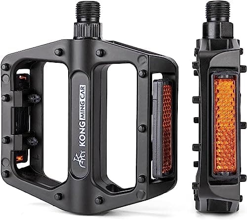 Image of KONG MING CAR Bicycle Pedals, Non-Slip Aluminium Mountain Bike Pedals with Reflectors, 9/16 Inch Bearing Platform Pedals for BMX, MTB, Racing Bikes