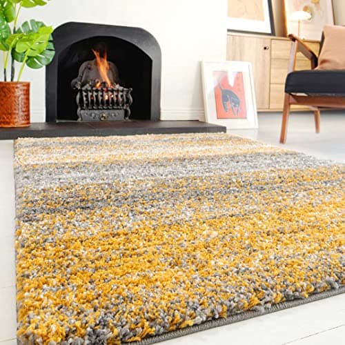 Image of Plush Shaggy Rugs Ochre Grey Soft Mottled Thick Pile Large Small Mustard Yellow Lounge Living Room Bedroom Area Rug 121cm x 171cm