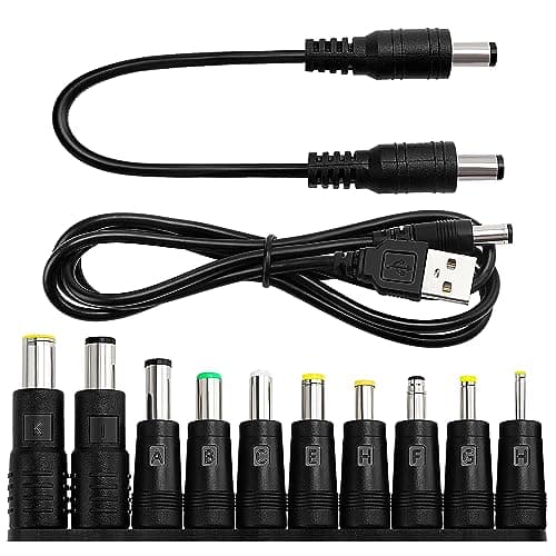 Image of Universal DC Power Adapter Tips Kit, KUOQIY 10-in-1 5.5 X 2.1mm DC Barrel Jack Adapter, with 2 PCS Cable, for Fans, Routers, Desk lamps, Computers