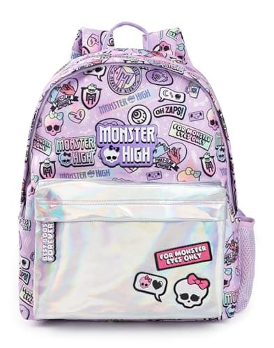 Image of Monster High Girls Backpack | Pink & Silver Rucksack with Adjustable Straps | Reflective Pocket & Badge All Over Print Practical & Organised Luggage Sports School Bag | Doll TV Series Merchandise Gift