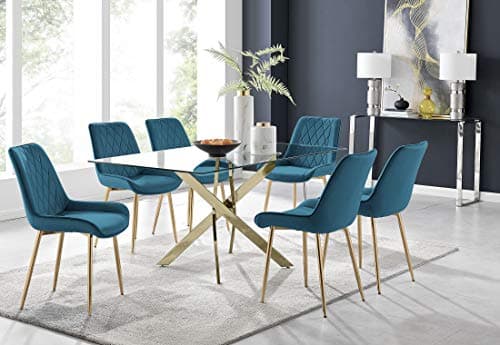 Image of Furniturebox UK Leonardo Rectangular Glass 6 Seater Dining Table with Gold Metal Starburst Legs 150x90cm Modern Minimalist Table with 6 Blue Velvet Pesaro Gold Leg Dining Chairs