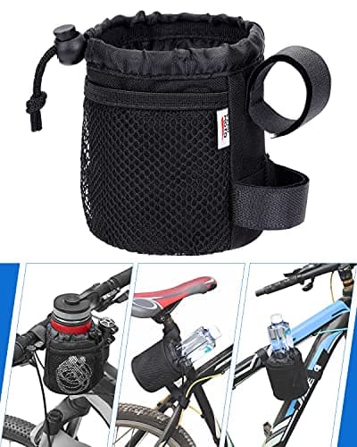 Image of KEMIMOTO 1 Pack Bike Cup Holder, 5 Inch Bike Water Bottle Holder Bicycle Handlebar Drink Holder with Mesh Pockets Phone Bag for Cruiser, Mountain Bike, Scooter, Folding, Road Bike, Wheelchair