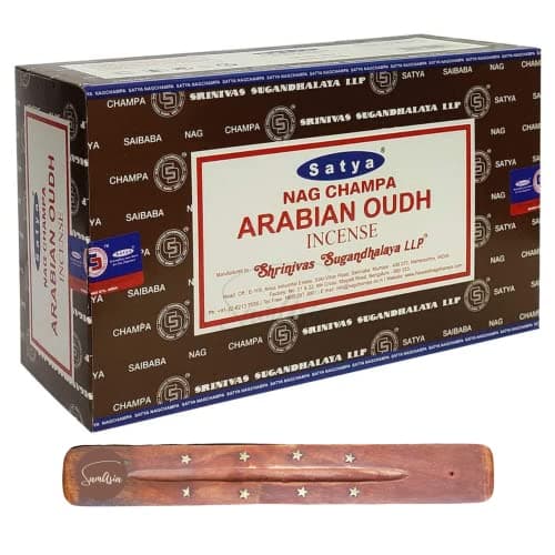 Image of Satya Nag Champa Arabian Oodh Incense Sticks | x12 pack | with SAMASIA incense sticks holder | Used for Aromatherapy, Spa, Yoga, Weddings, Meditation, Healing, Positivity and Relaxation