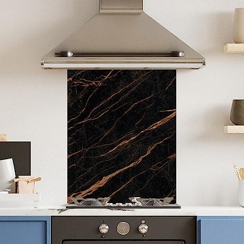Image of Premium 60 cm x 75 cm Black Gold Marble Glass 6mm Kitchen Splashback Heat Resistant Toughened Polished Edges - Back Splash Back Coloured Hob Painted Tempered Splashback