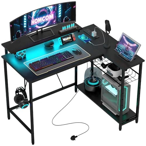 Image of HOMCOM L Shaped Gaming Desk with LED Lights, Power Outlet, USB Charging Ports, 107cm Reversible Corner Computer Desk with Storage Shelves, Monitor Stand for Home Office, Small Space, Black