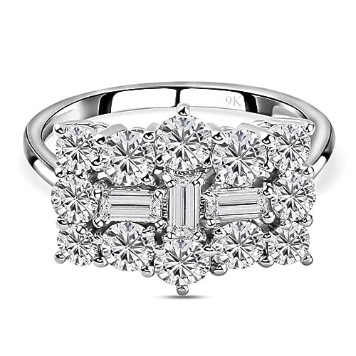 Image of TJC Moissanite Cluster Ring for Women in 9ct White Gold Size S Prong Setting Metal Wt. 2.8 Grams