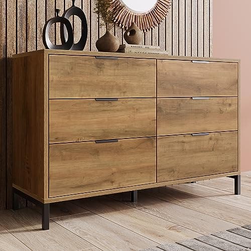 Image of BTM Chest of Drawers Bedroom, Chest of Drawers with 6 Drawers, Dark Oak, 40D x 120W x 76H centimetres