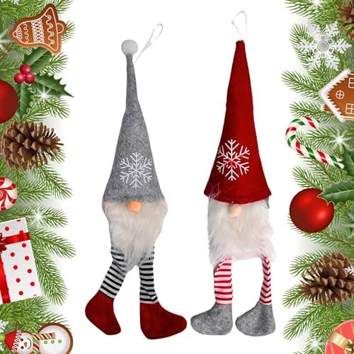 Image of ADEPTNA Set of 2 Christmas Tree Hanging Gnome Ornaments - Handmade Swedish Tomte Gonk Plush Santa Elf Dolls - Scandinavian Christmas Decorations for Tree, Home, Office, Party - Xmas Gnome Décor