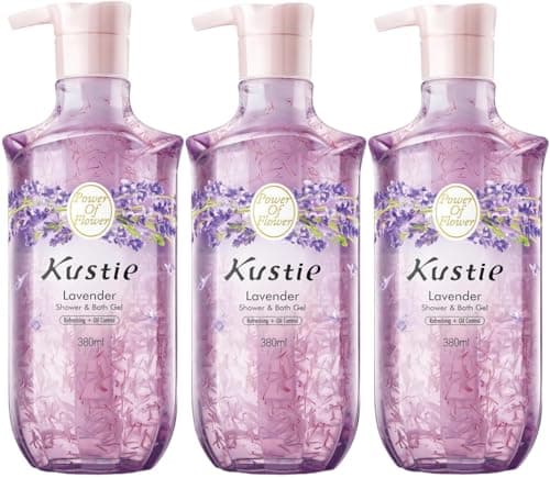 Image of Kustie Lavender Shower Gel with Real Flower Petals – Clarifying Body Wash with Tea Tree Oil, Oil Control Cleanser for Oily & Sensitive Skin, Soothing Floral Shower Gel, 3x380ml