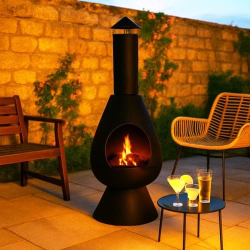 Image of JSH Large Modern Outdoor Fire Chiminea | 110cm Tall Log Burner Patio & Garden Heater | Durable | Easy To Assemble, Lightweight Wood Burner (Black)