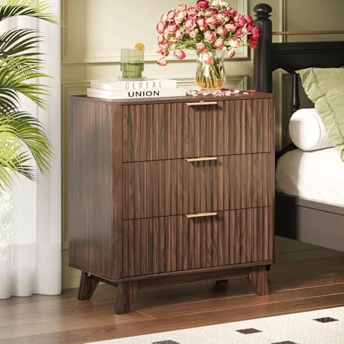 Image of Bonnlo 3 Drawers Chest of Drawers, Walnut Grille Bedroom Furniture, Fluted Storage Cabinet with Gold Handles,Wood Storage Cabinet for Bedroom,Living Room,Modern Dresser Organizer 70×35×75cm