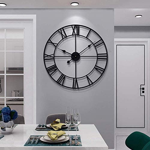 Image of LEIKE Large Modern Metal Wall Clocks 40CM Round Nearly Silent Little Ticking Outdoor Black Roman Numeral Clock for Kitchen,Living Room,Bedroom Wall Decor