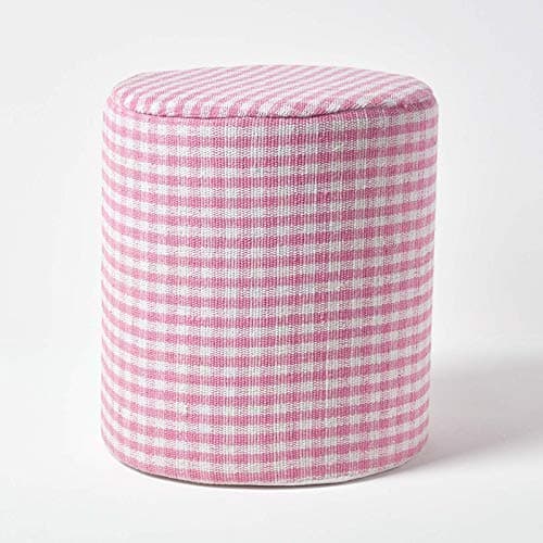 Image of HOMESCAPES Pink Round Cotton Gingham Check Pouffe - 40 x 40 x 42 cm