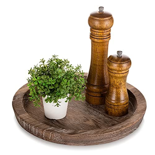 Image of Hanobe Rustic Wooden Decorative Tray: Round Wood Decorative Candle Holder Vintage Centerpiece Butler Trays Farmhouse Ottoman Tray for Decor Kitchen Countertop for Home Coffee Table