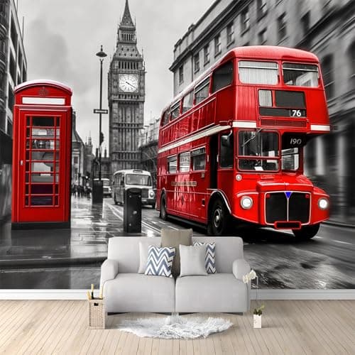 Image of 3D Mural Photo Wallpaper City London Double-Decker Bus Red 350x256 cm Backdrop Wall Interior Decor Wallpaper 3D Panel Wall Bathroom Restaurant Hall Living Room Hallway