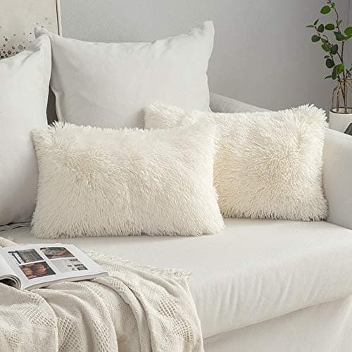 Image of MIULEE Pack of 2 Faux Fur Throw Pillow Cover Fluffy Soft Decorative Square Pillow Covers Plush Faux Fur Cushion Covers For Livingroom Sofa Bedroom 12 x20 Inch 30 x 50cm 12"x20" Cream white