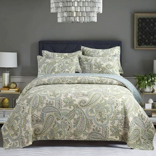 Image of USTIDE 3 Piece King Size Quilted Bedspread 100% Cotton Reversible Coverlet with Embroidered Floral and Plants Rustic Bedding Home Decor All Season, 230x250cm