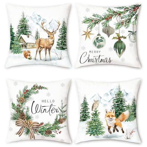 Image of Bonhause Winter Animal Cushion Covers 45 x 45 cm Reindeer Fox Christmas Trees Decorative Throw Pillow Covers for Sofa Bed Home Patio Winter Holiday Decor Set of 4