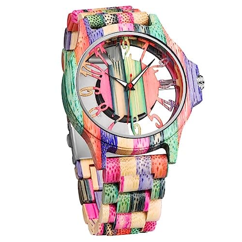 Image of Tiong Men's Wooden Watch Handmade Colourful Bamboo Wooden Watch Analogue Quartz Wrist Watch, Wq1238-Colorful, Retro