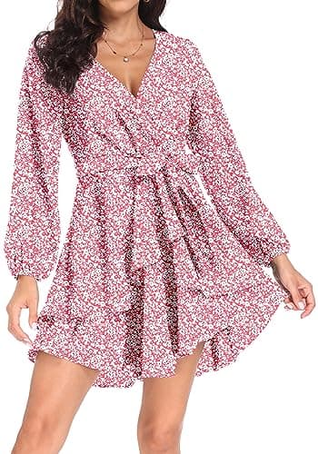 Image of PCEAIIH Women's Cocktail Dresses Long Sleeve Empire Skater Dress Deep V-Neck Waist Tie Ruffle Mini Swing Dresses L Floral Pink