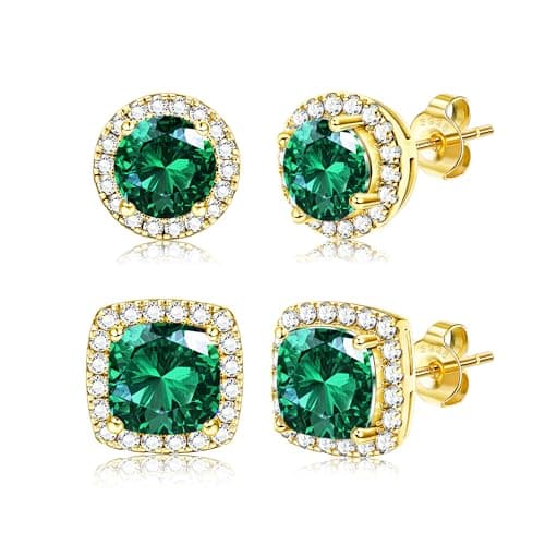 Image of Dochais 2 Pairs Cubic Zirconia Stud Earrings for Women Men Hypoallergenic 925 Sterling Silver Post Earrings 14K Gold Plated Round & Square Brilliant Simulated Diamond Earring Studs Gold Gn