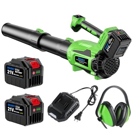 Image of SOUSKY Leaf Blower Cordless, Battery Leaf Blower with 2 * 6.0Ah Batteries and Charger, 21V Brushless Electric Leaf Blowers with 5 Speed Levels and Turbo Mode for Lawn Care,Blowing Leaves,Yard Cleanup
