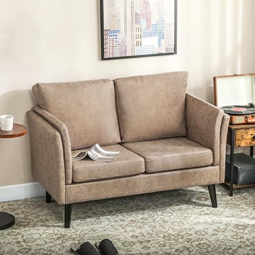 Image of HOMCOM 2 Seater Sofa, Modern Small Sofa with Thicken Cushion, High-Resilience Foam, Rubber Wood Legs, Leathaire Upholstered Loveseat Settee for Living Room, Bedroom, Home Office, Light Brown