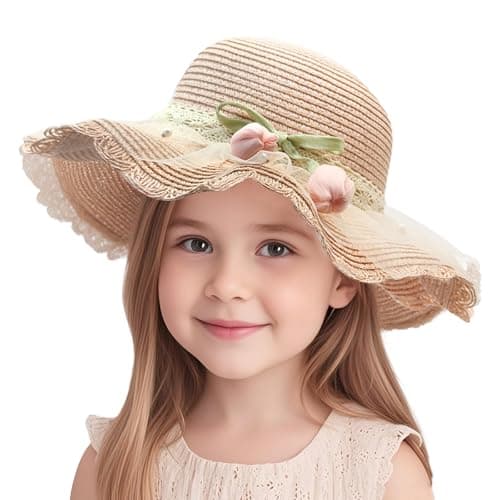 Image of FOSDICK 1 Piece Straw Sun Hat Kids, Summer Toddler Sun Hat, Wide Brim Girls Straw Hat, Cute Straw Bonnet with Flower, Children's Sun Hats for Holiday Outdoor Activities Travel(Pink Tulip)