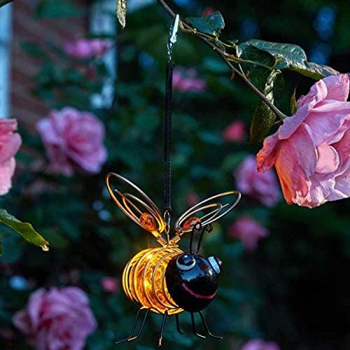 Image of Garden Mile Hanging Solar Powered Bee Light Warm White Bug Lighting Black & Yellow Bumble Bee Novelty Outdoor Garden Lights Solar Power Hanging Light Lantern Indoor Outdoor Decorative Fun Light