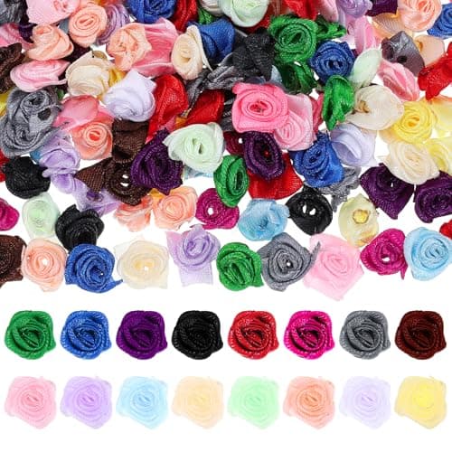Image of Bremorou 300Pcs Mini Ribbon Roses For Crafts Small Fabric Flowers Felt Flowers Rose Buds Satin Artificial Tiny Multicolor DIY Sewing Rosettes Applique Embellishments for Wedding Gift Wrapping