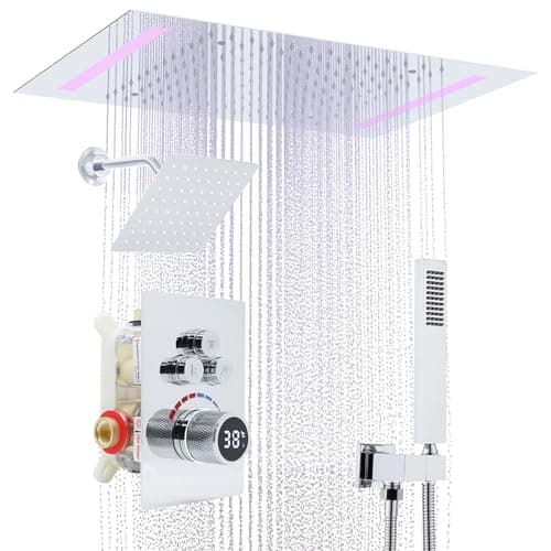 Image of Delnet Dual Shower Heads Digital Display Valve Shower Mixer Set, with 14x20inch(35.6x50.8 cm) Ceiling Shower Head-Rainfall & 6" Wall Mounted Head, Can be Turned on simultaneously, Chrome