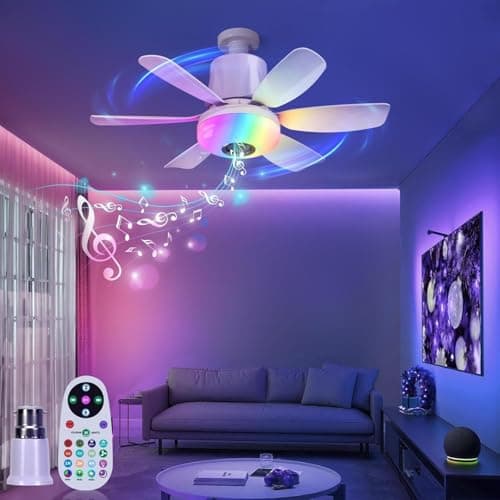 Image of VIMAZ Lights Bulb Ceiling Fan with Bluetooth Speaker and Remote RGB Music, 2026 New White Dimmable Led Fan Light for Bedroom 32W E27 Base 3 Colors 3 Speeds Screw in Ceiling Lamps Socket Fan UK