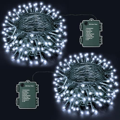 Image of Ollny Fairy Lights Battery Operated, 20M 200 LEDs Battery Powered String Lights, 2 Pack 10m Cool White Outdoor Lights Waterproof with 8 Modes/Timer for Indoor Bedroom Outside Garden Tree