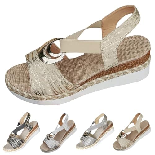 Image of uk Size 6.5 Espadrilles Wedge Sandals for Women Peep Toe Cutout Adjustable Buckle Strap Espadrilles Wedges Platform Dressy Casual Sandals Travel Boho Dress Shoe Trendy Ladies Footwear 002_Beige