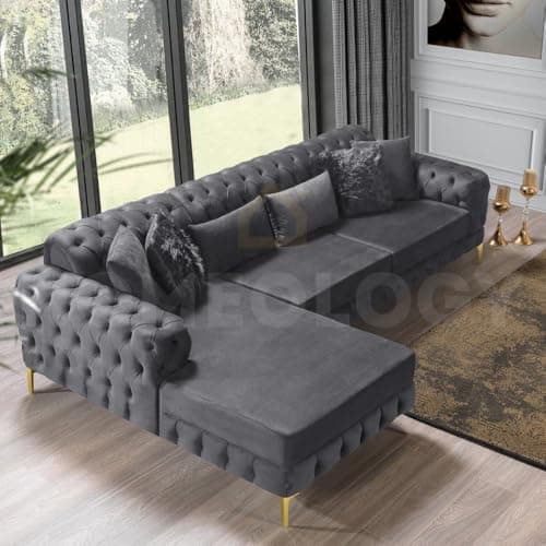 Image of Snooze Luxury Chesterfield Seater Plush Velvet L-Shaped Corner Sofa – Deep Button-Tufted Design with Elegant Gold Metal Legs – Chaise Lounge Couch (Grey Plush, 5 Seater (Left Hand side))